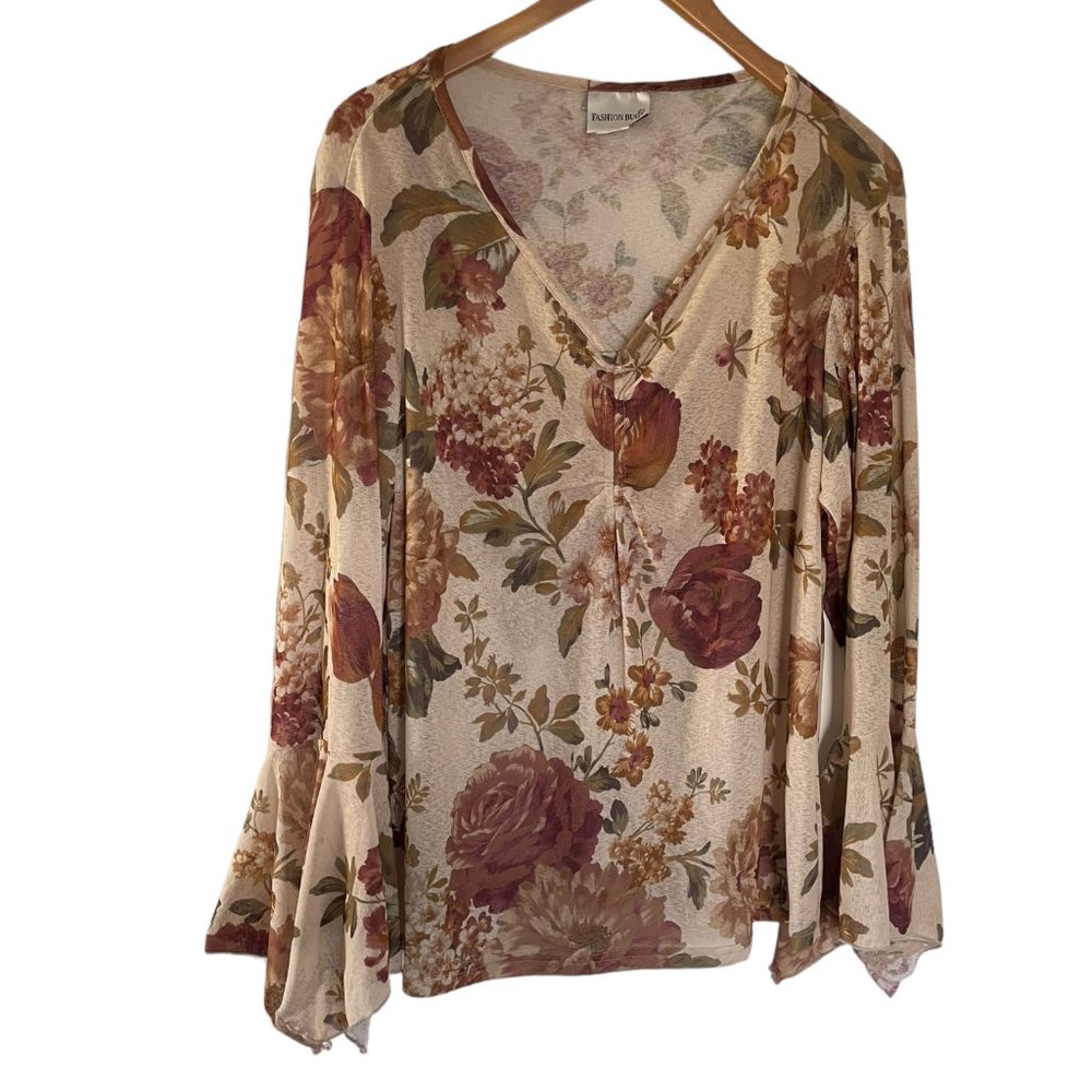 Vtg Y2K Fairy Core Bell Sleeve Top 18/20 2X Renaissance Romantic Floral Roses